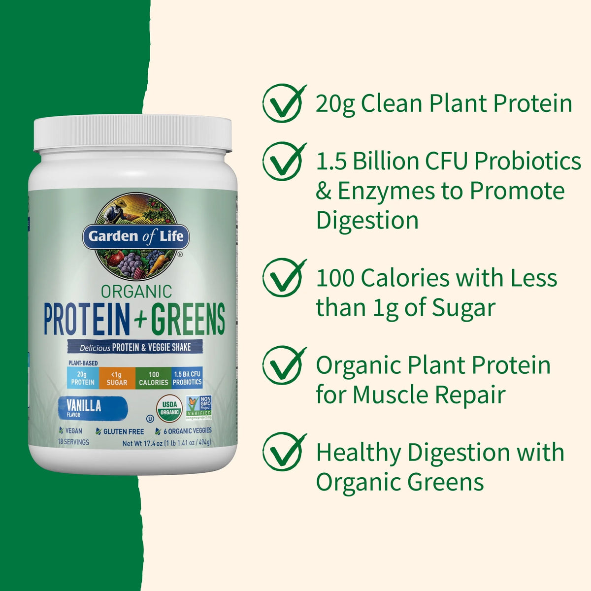 Organic Plant Protein & Greens Powder Vanilla Shake 20g Protein 1.1lb O487814