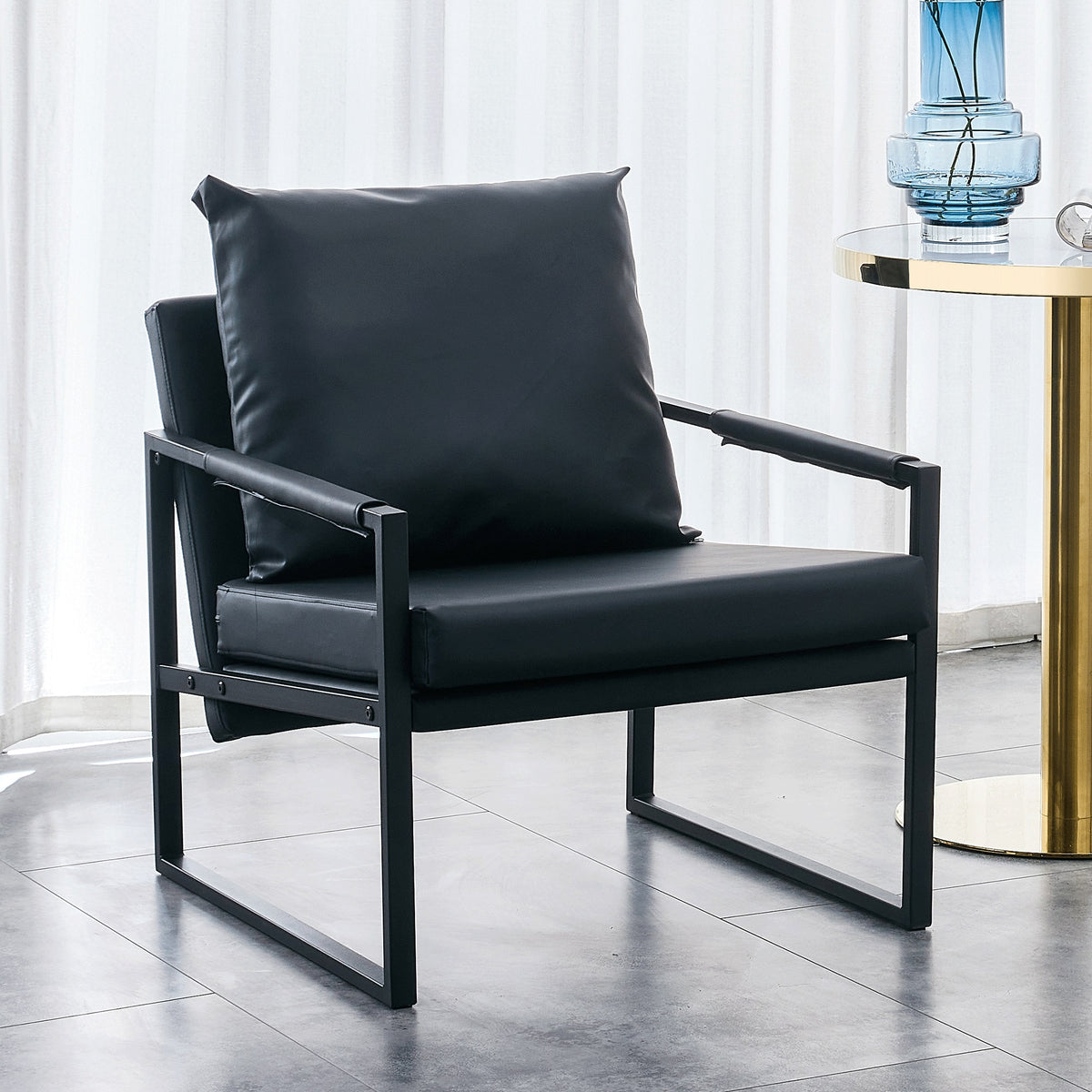 Black PU Leather Accent Arm Chair with Metal Frame D9829