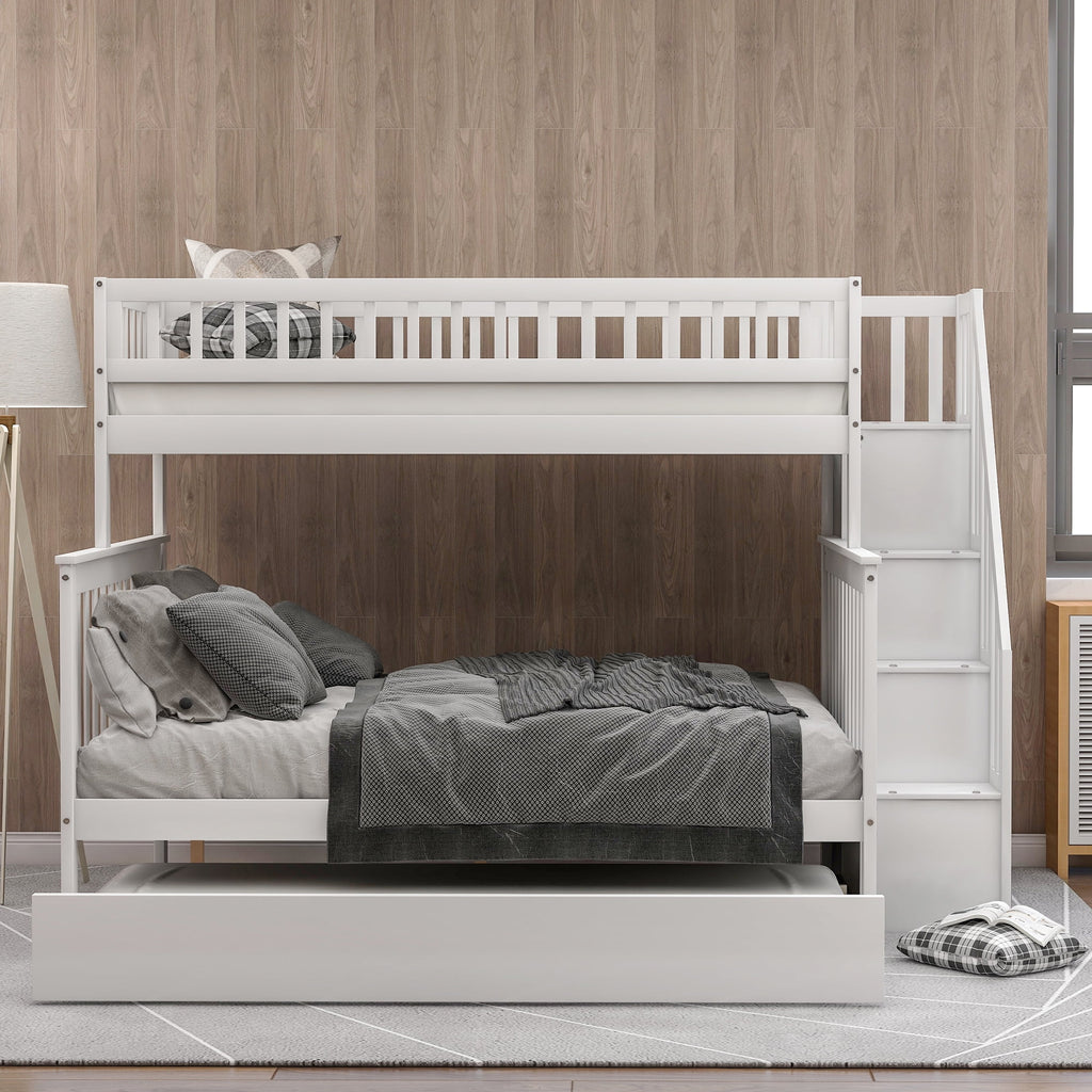 Twin Over Full Bunk Bed with Trundle and Stairs, White O285