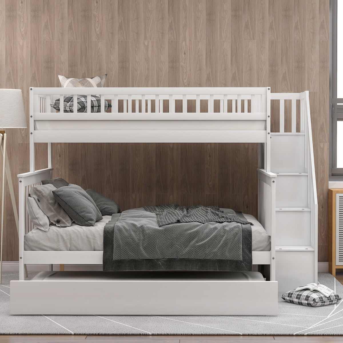 Twin Over Full Bunk Bed with Trundle and Stairs, White O285