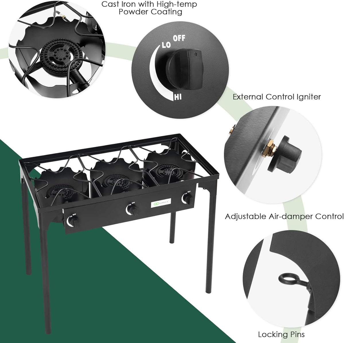 Portable Propane Gas Cooker Iron Cast 3-Burner A6966