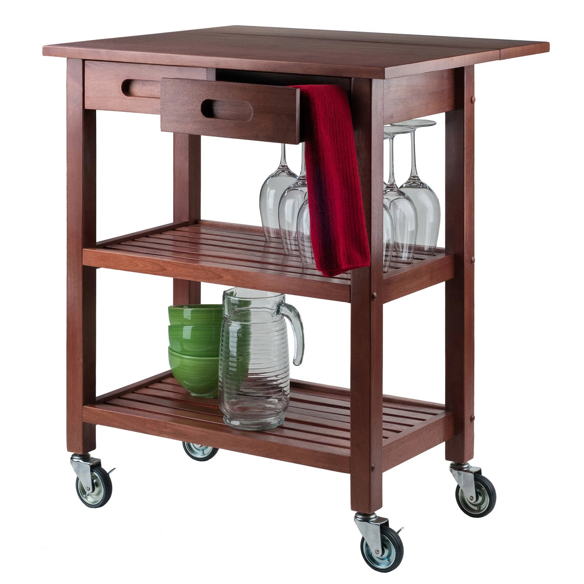 Walnut Drop Leaf Wood Kitchen Utility Cart T76572