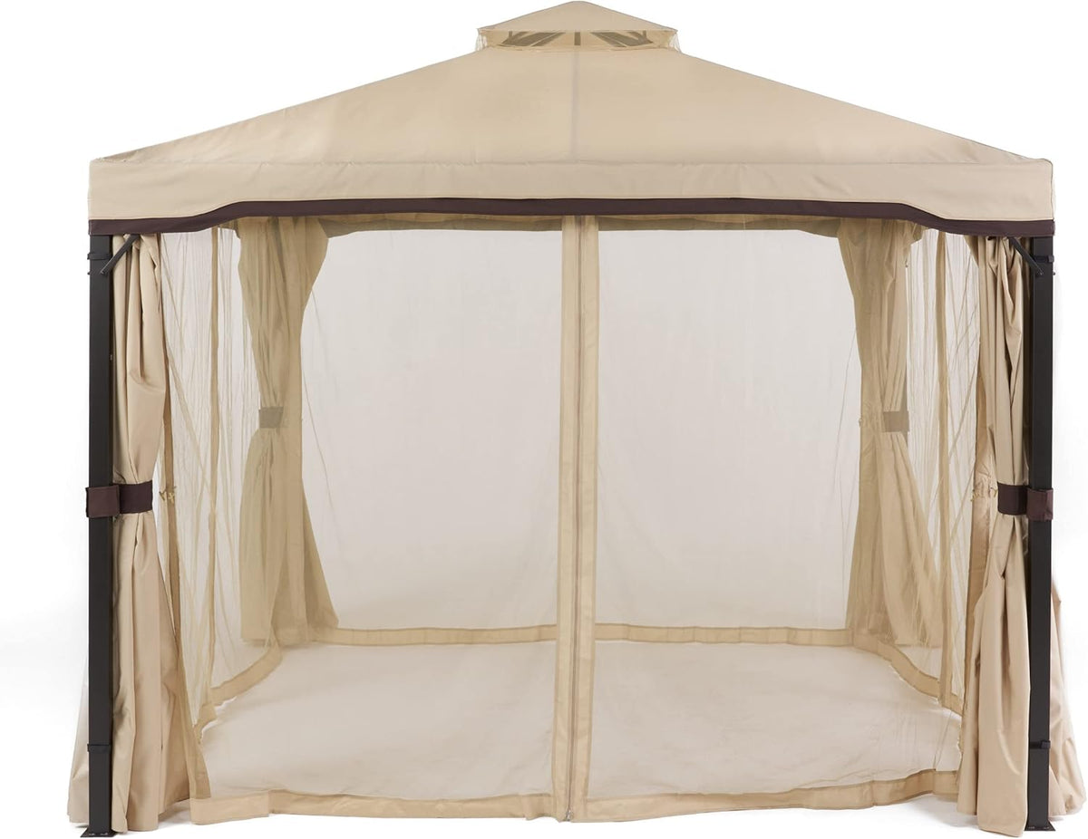 Beige Outdoor Gazebo Canopy with Net Drapery I8799