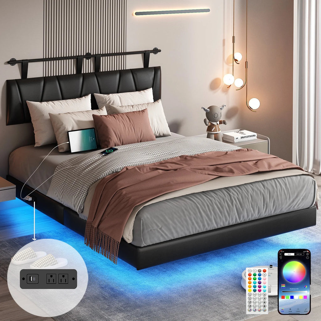 King Size Floating Upholstered Platform Bed with LED Light & Power Charging Station B42003