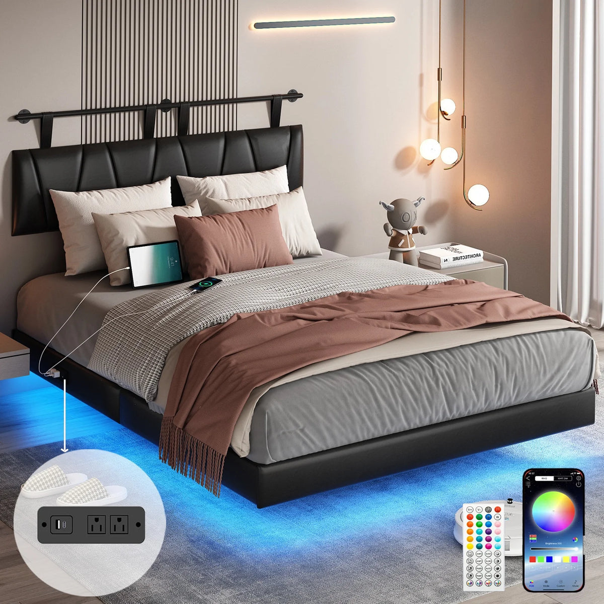 King Size Floating Upholstered Platform Bed with LED Light & Power Charging Station B42003