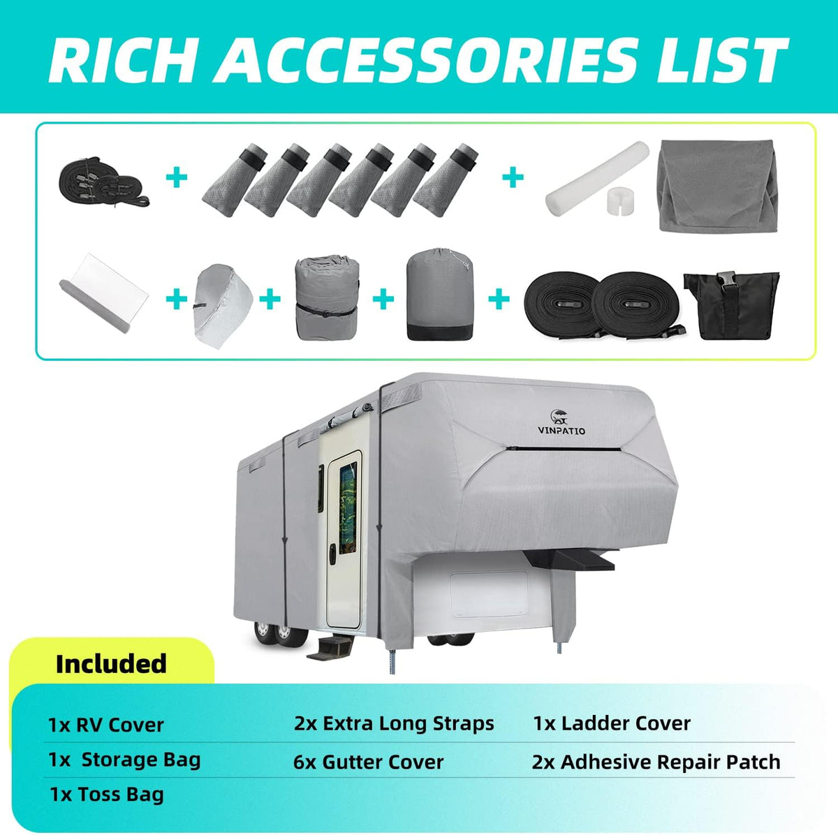 6 Layers Heavy Duty Waterproof Fifth Wheel RV Cover with 2 Extra Long Straps W130