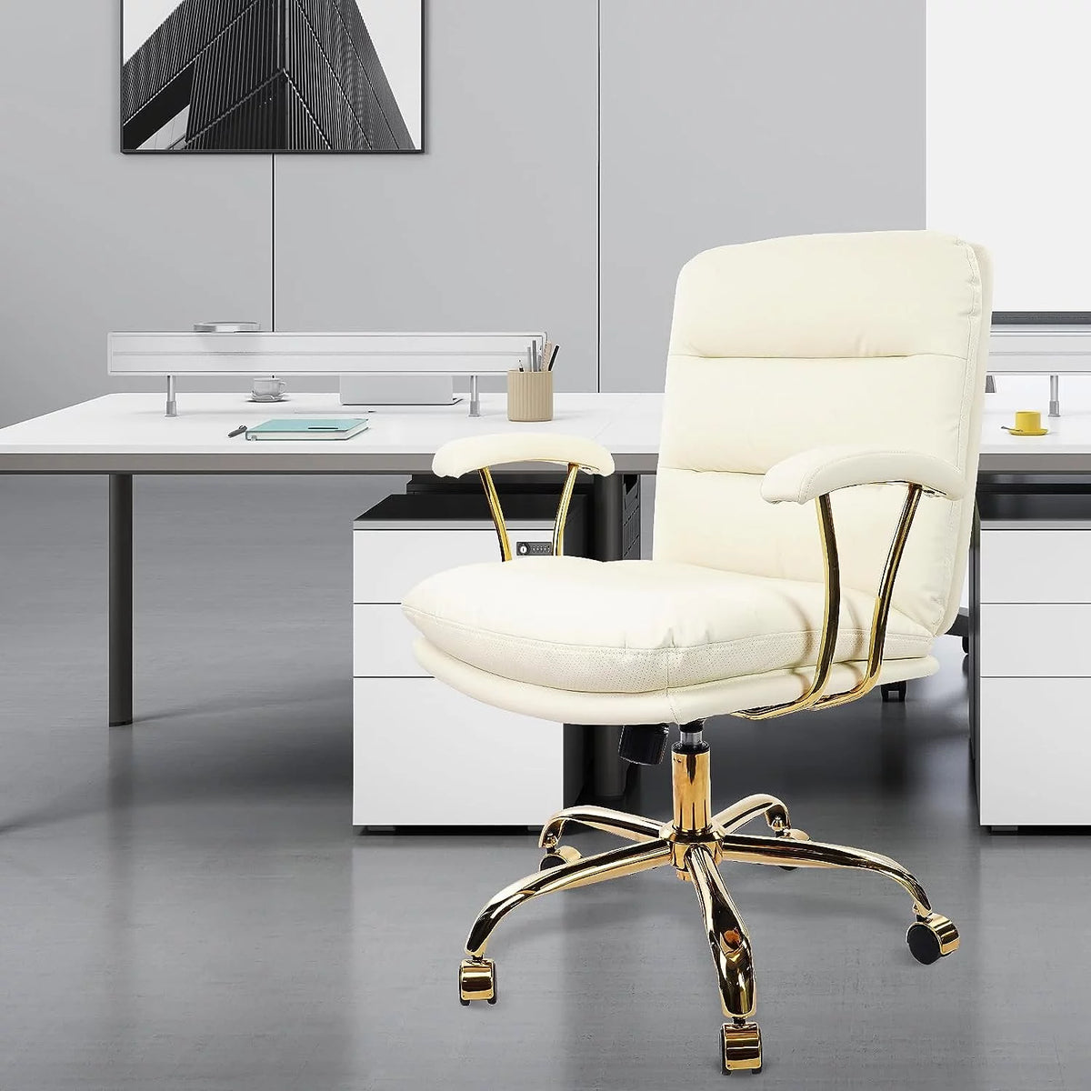 White Ergonomic Faux Leather Office Chair with Wheels and Arms R1206