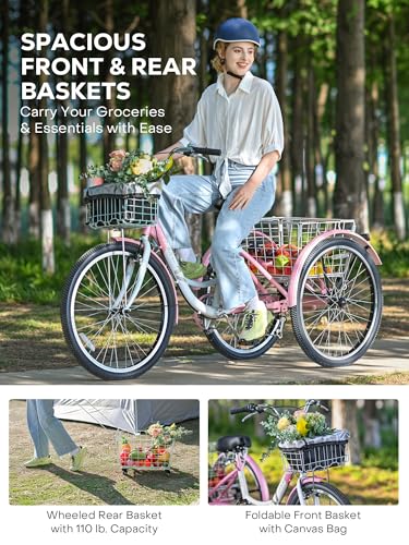 7 Speed Adult Tricycle with Front & Rear Removable Wheeled Baskets, 24 26 inch E27572