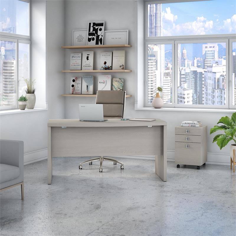 Gray Sand Bow Front Desk with Mobile File Cabinet B1087