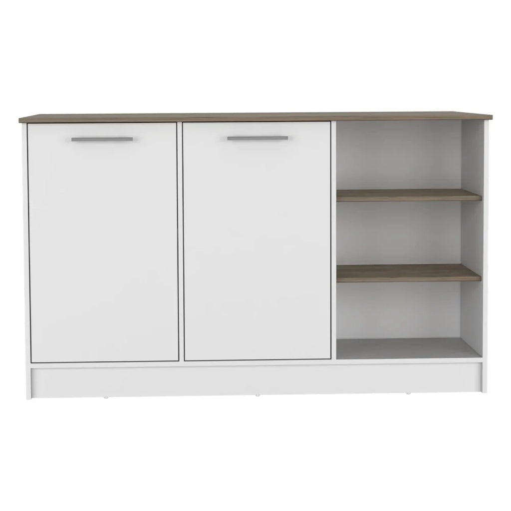 White Dark Brown Kitchen Island with Two Cabinets and Three Open Shelves K3197