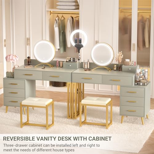 White Vanity Desk with Mirror and Lights, 6 Drawers, Cushioned Stool I200990