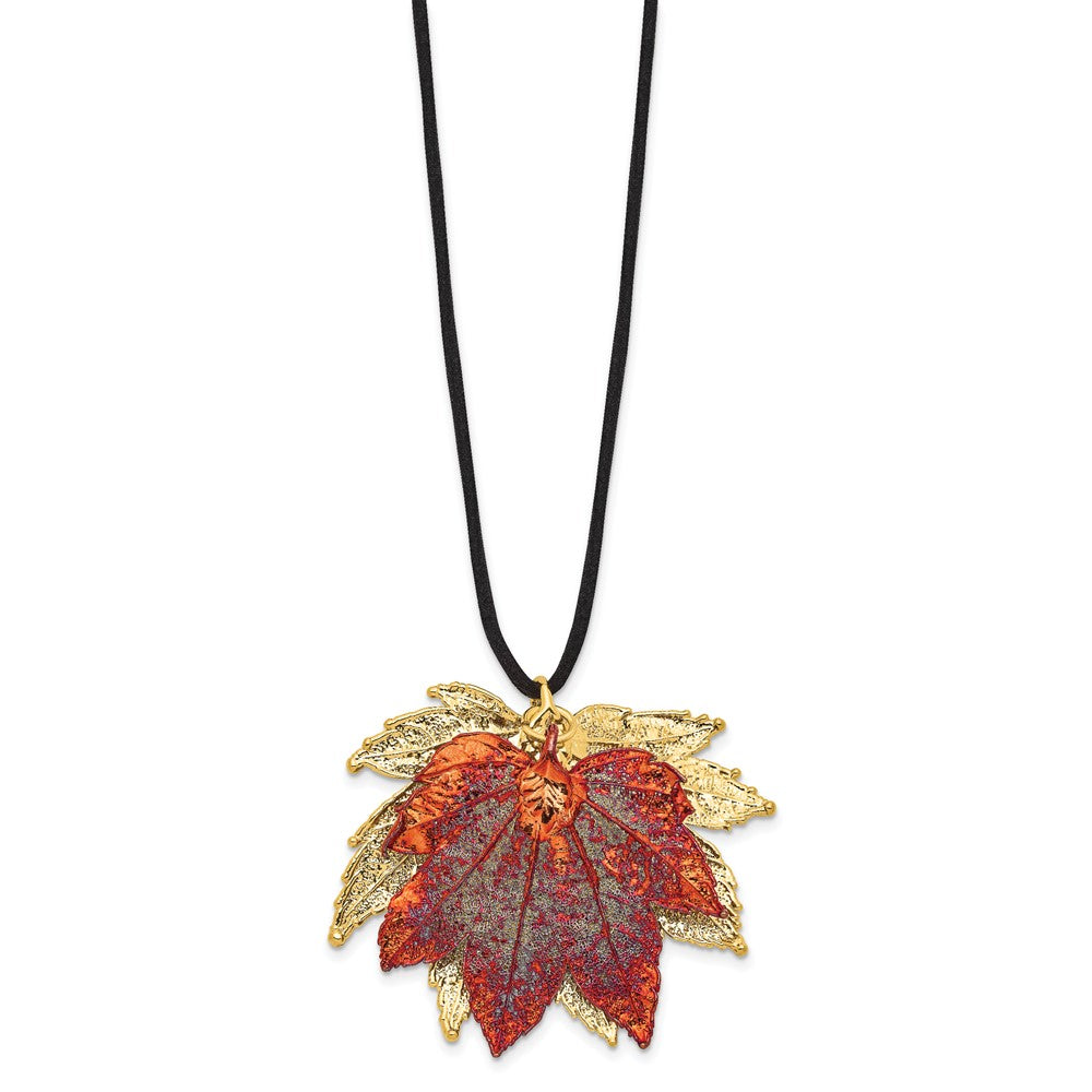 24k Gold Maple Leaves Leather Cord Necklace X3347