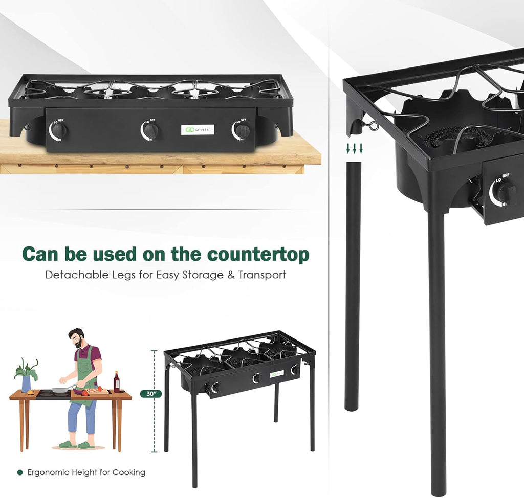Portable Propane Gas Cooker Iron Cast 3-Burner A6966