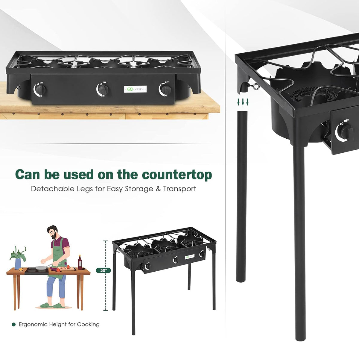 Portable Propane Gas Cooker Iron Cast 3-Burner A6966