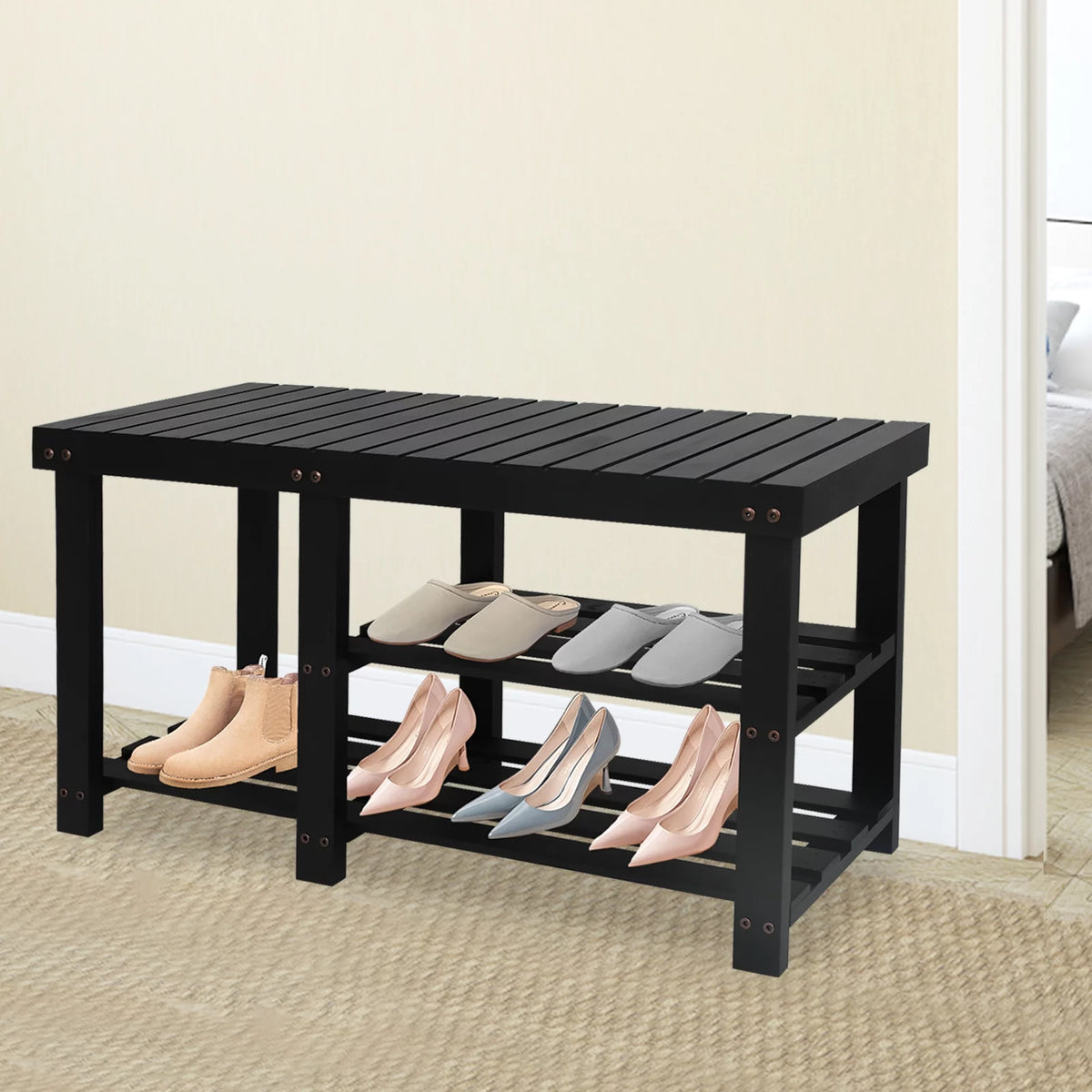 Black 3-Tier Solid Wood Shoe Bench J528