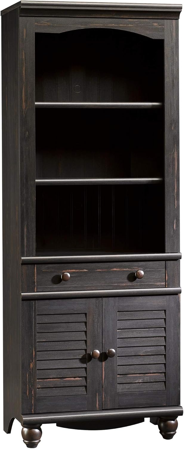 Antiqued White Library Bookcase with Doors V374024