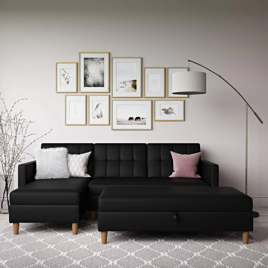 Black Faux Leather Reversible Sectional Futon with Chaise R135849