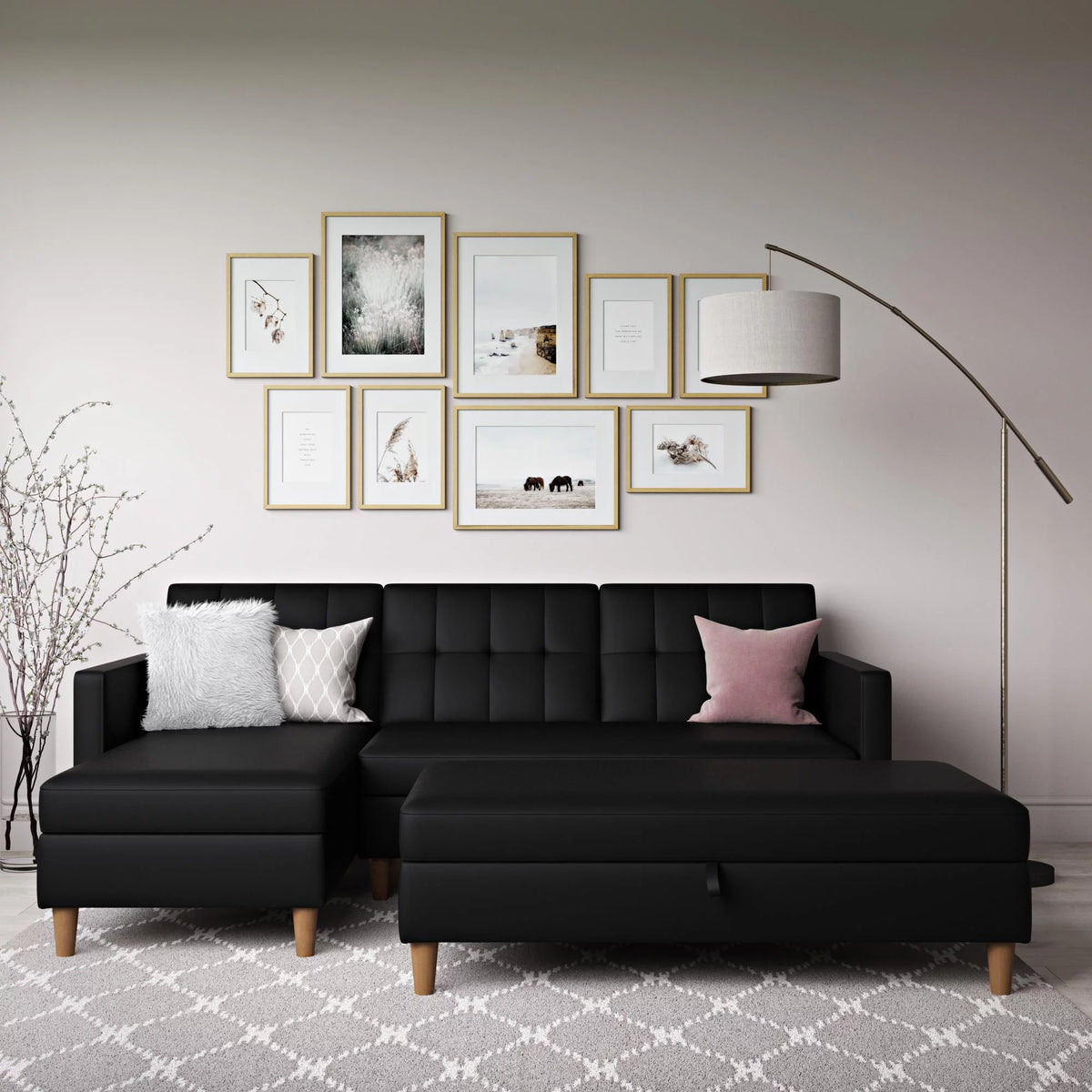 Black Faux Leather Reversible Sectional Futon with Chaise R135849