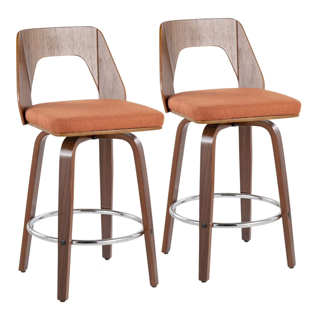 Mid-Century Modern Counter Stool In Walnut And Orange Fabric - Set Of 2 P1069