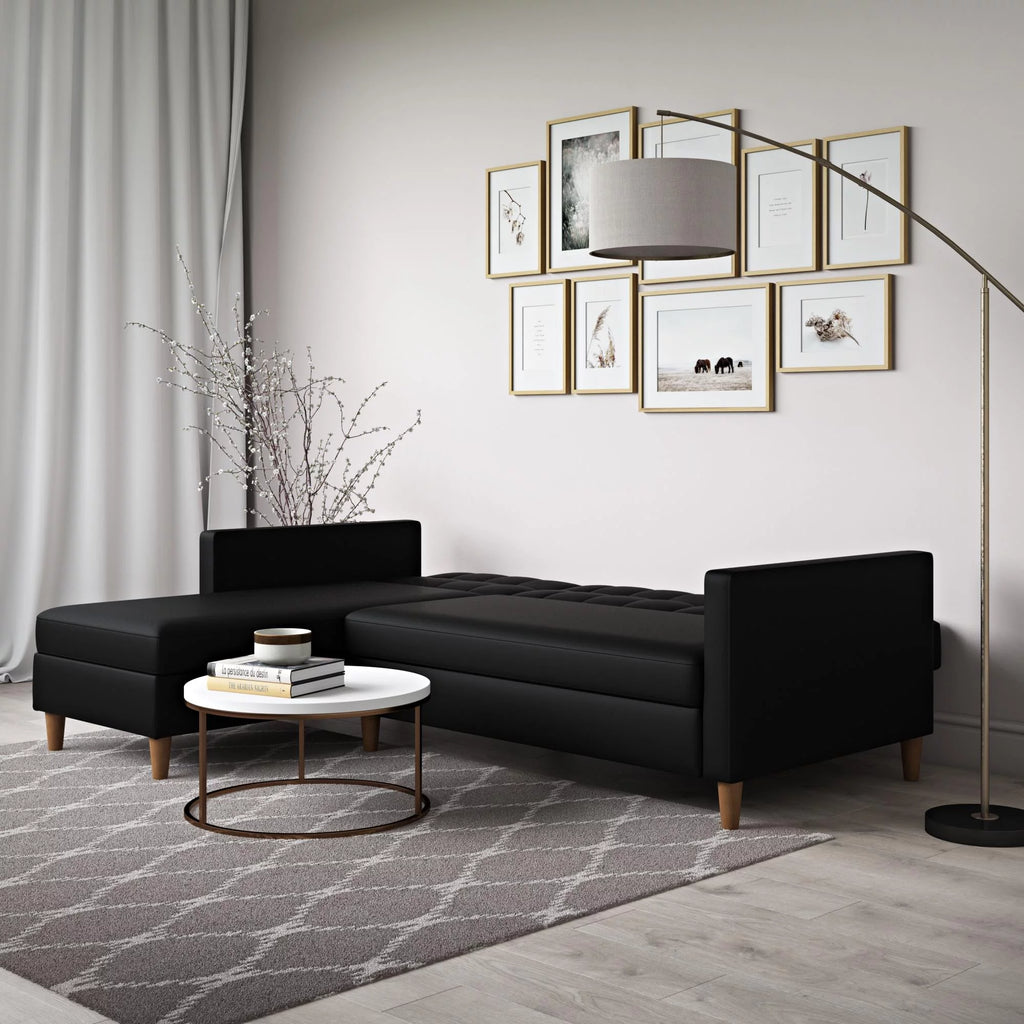 Black Faux Leather Reversible Sectional Futon with Chaise R135849