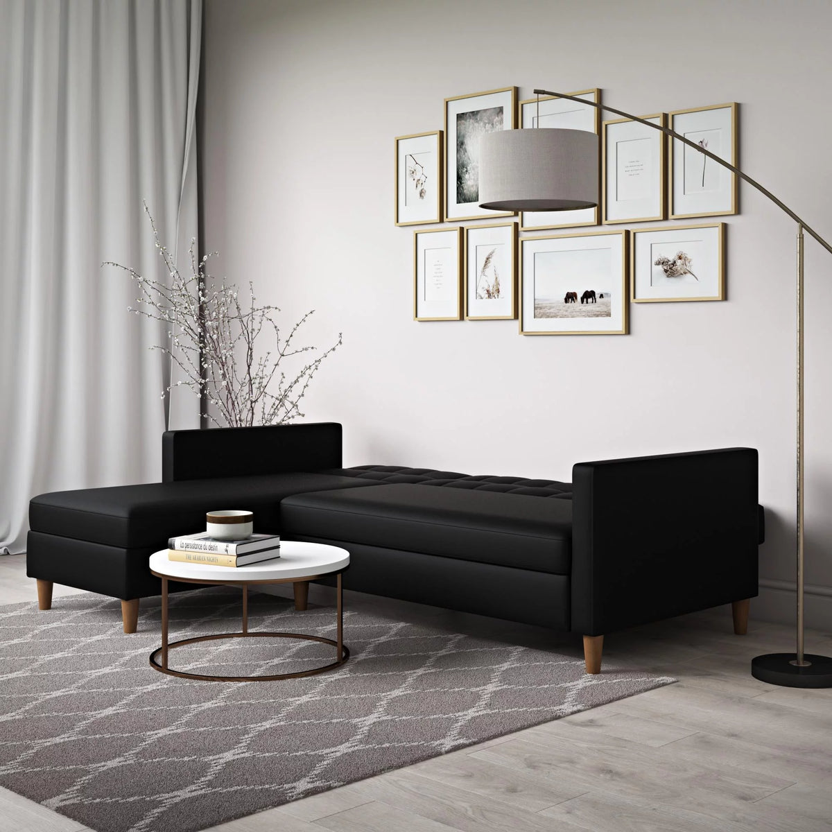 Black Faux Leather Reversible Sectional Futon with Chaise R135849