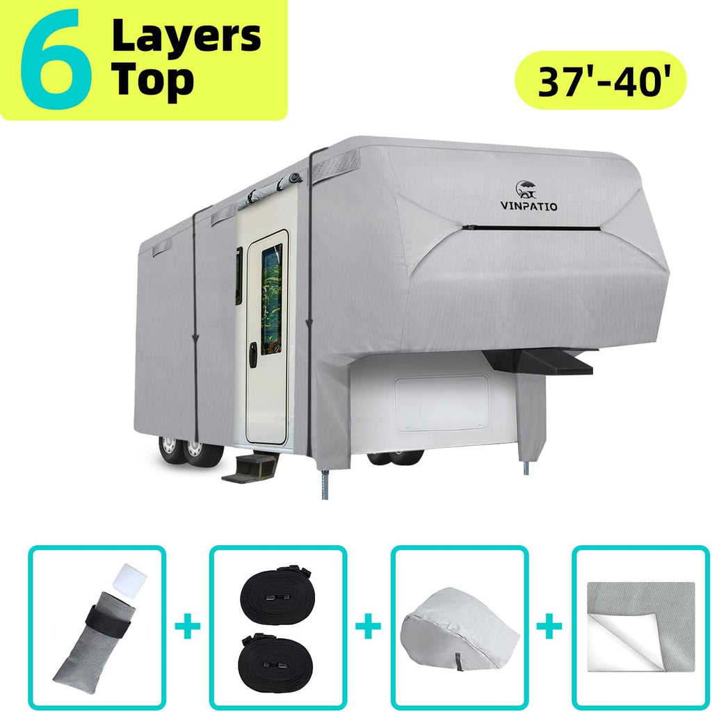 6 Layers Heavy Duty Waterproof Fifth Wheel RV Cover with 2 Extra Long Straps W130