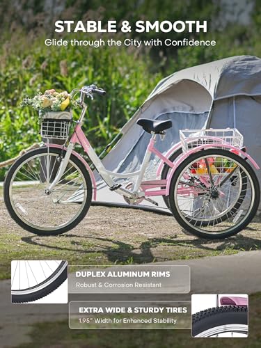 7 Speed Adult Tricycle with Front & Rear Removable Wheeled Baskets, 24 26 inch E27572
