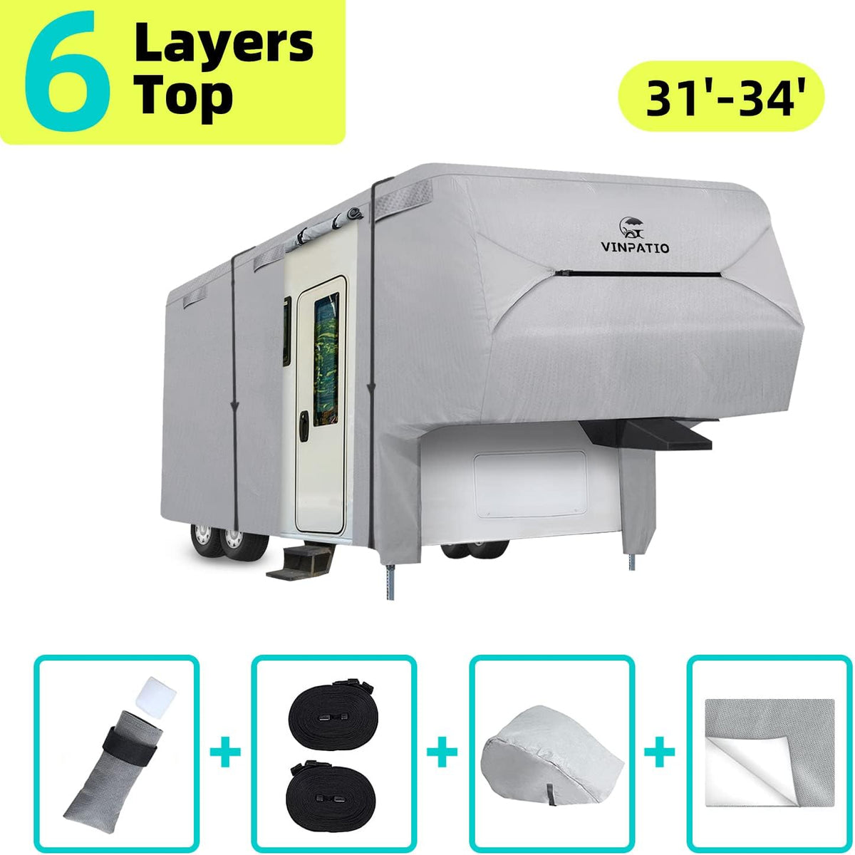 6 Layers Heavy Duty Waterproof Fifth Wheel RV Cover with 2 Extra Long Straps W130