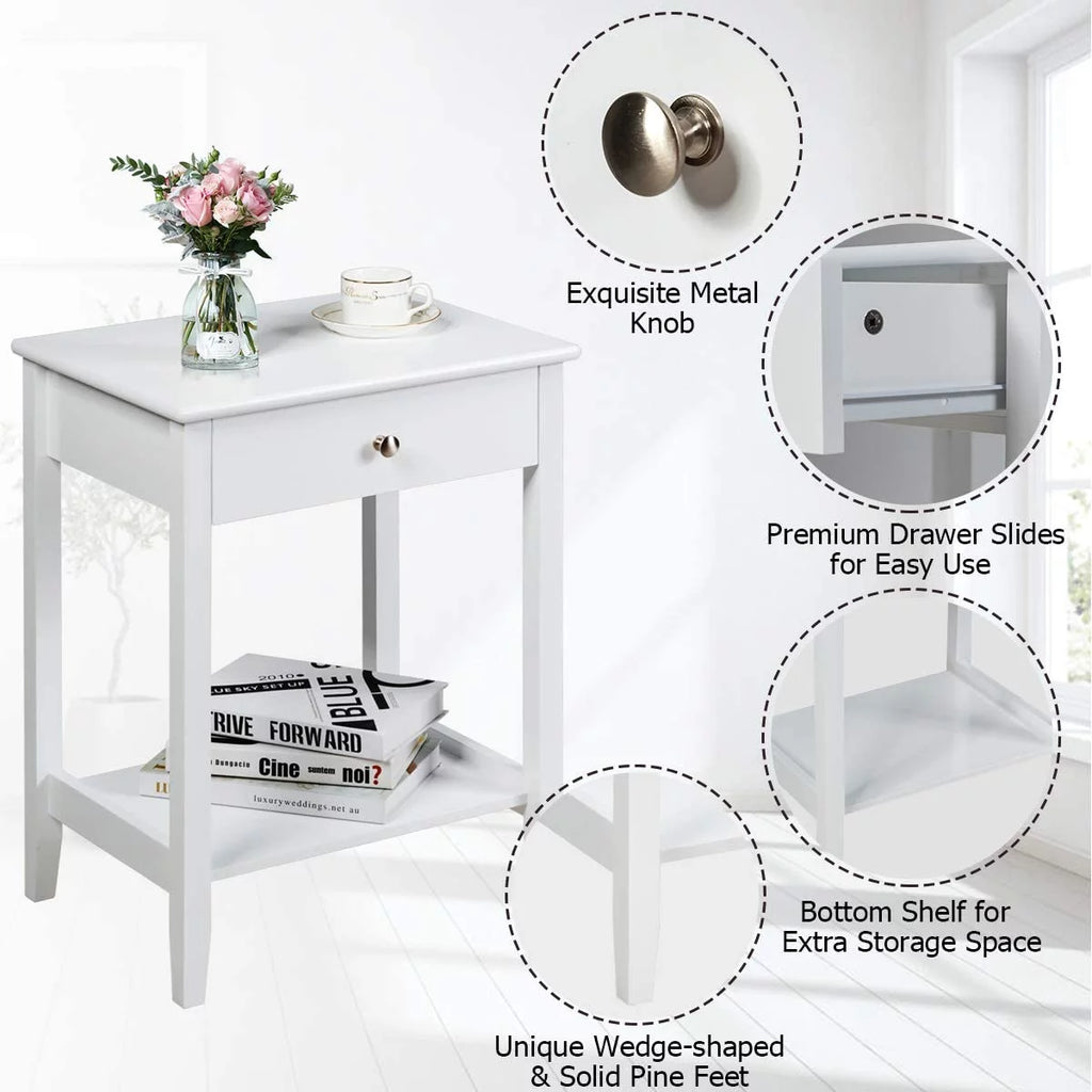 White 2-Tier Wooden Nightstand with Drawer D69561