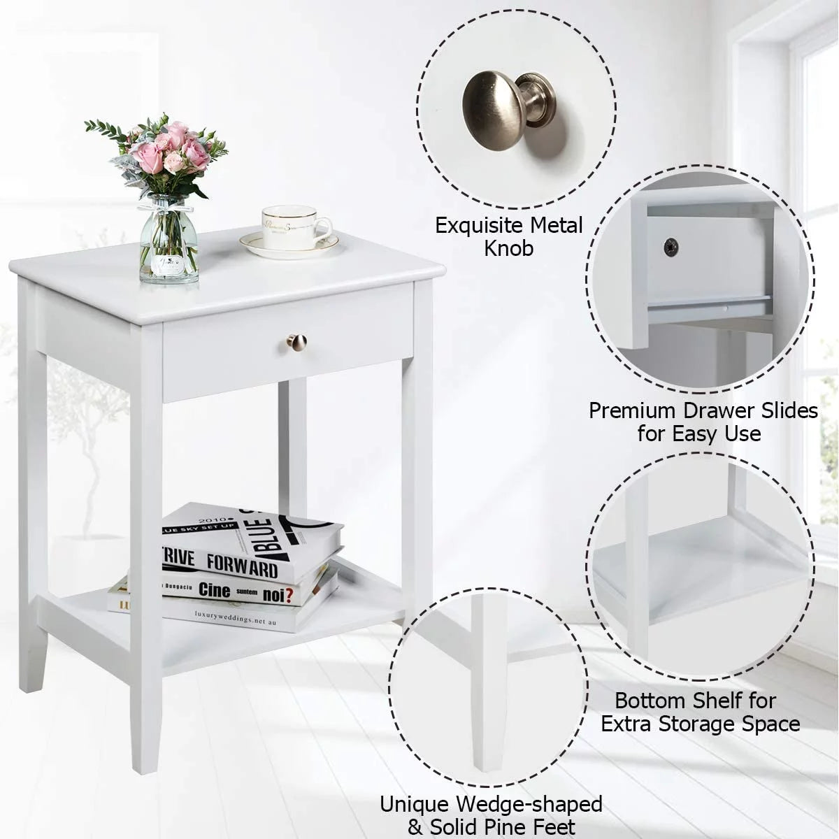 White 2-Tier Wooden Nightstand with Drawer D69561