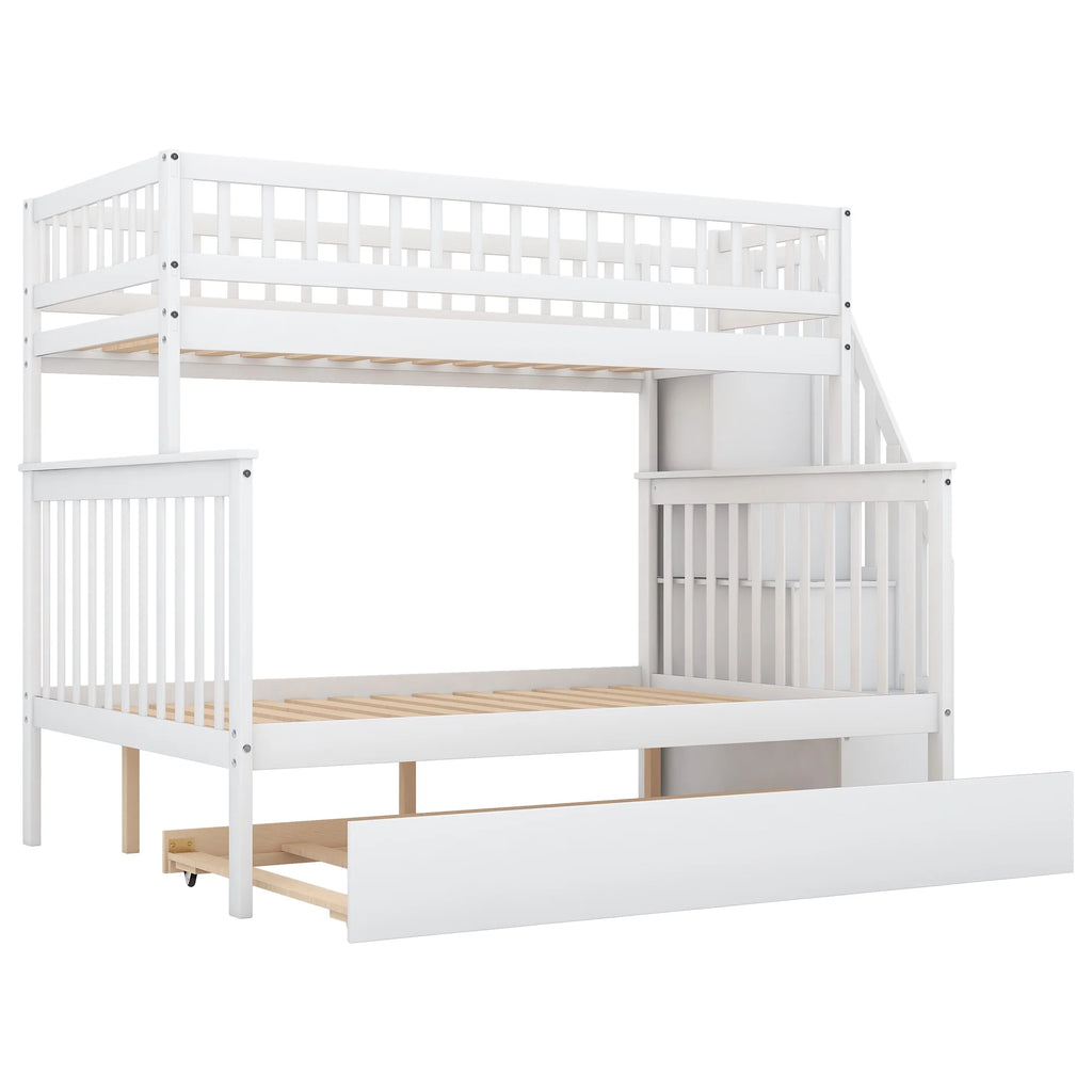 Twin Over Full Bunk Bed with Trundle and Stairs, White O285