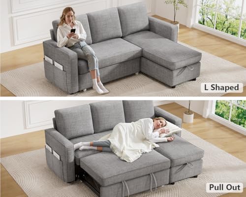 Dark Grey Sleeper Sofa Bed with Reversible Storage Chaise O65282