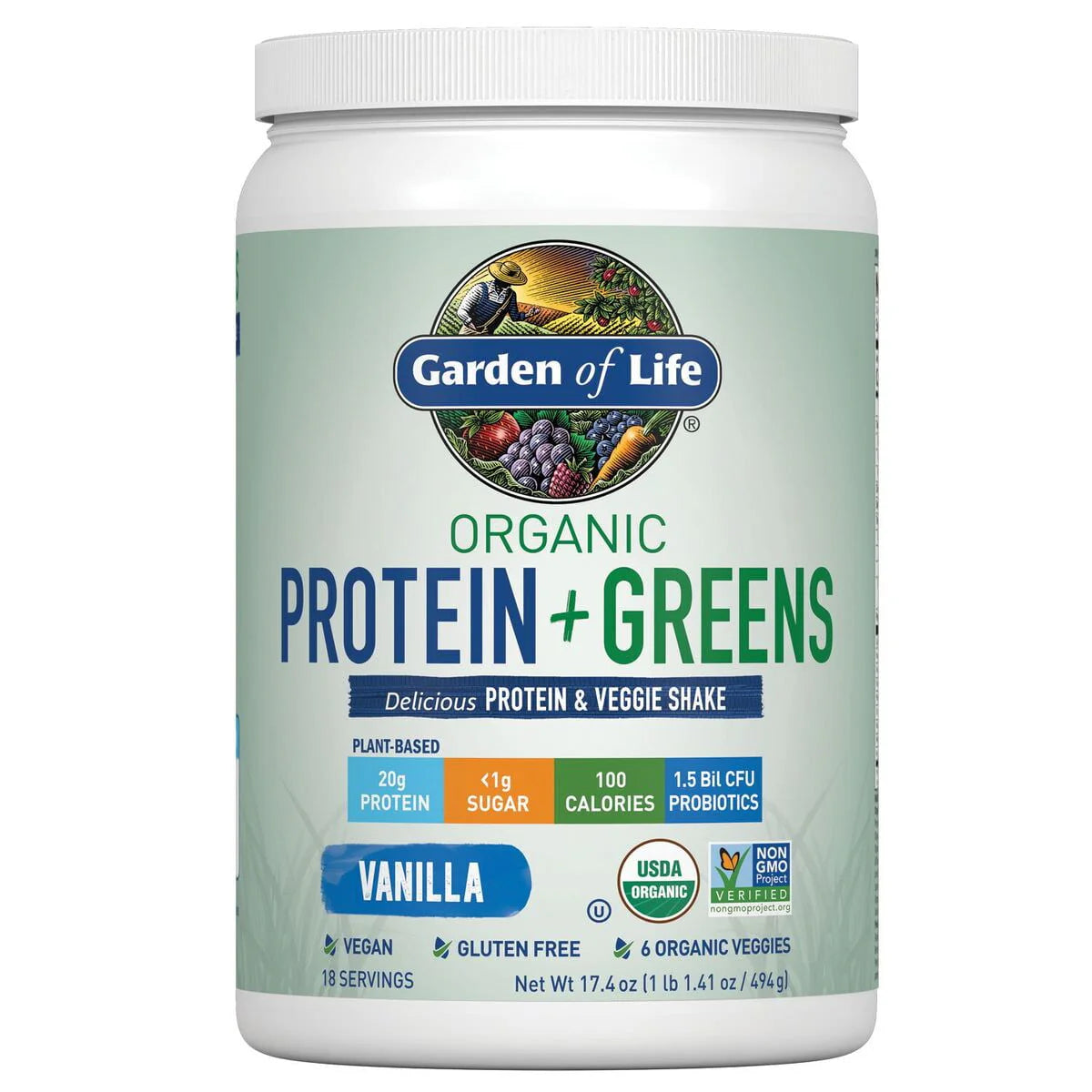 Organic Plant Protein & Greens Powder Vanilla Shake 20g Protein 1.1lb O487814