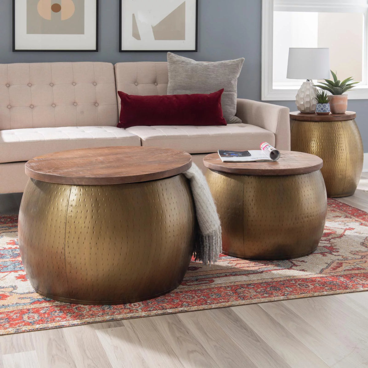 Gold Metal and Wood Storage Side Table L18446