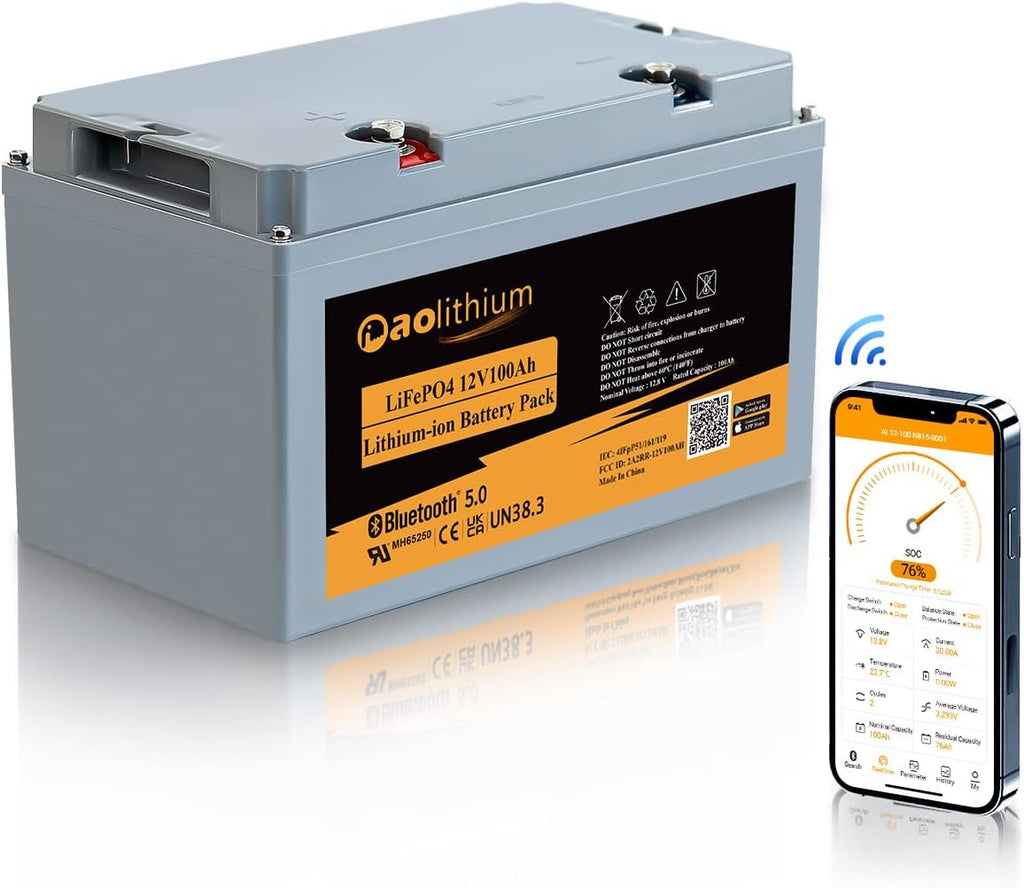12V 100Ah LiFePO4 Battery with Bluetooth 4000 Cycles Built-in BMS 2Pack R5345