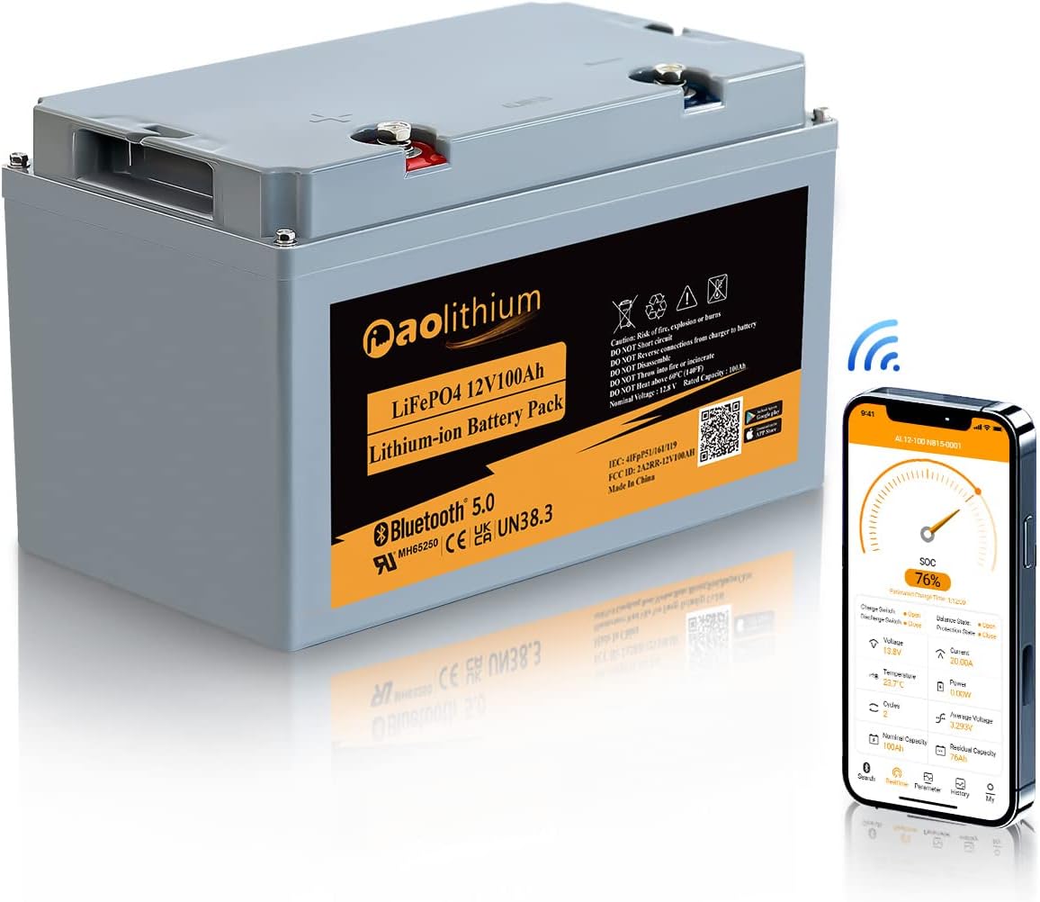 12V 100Ah LiFePO4 Battery with Bluetooth 4000 Cycles Built-in BMS 2Pack R5345