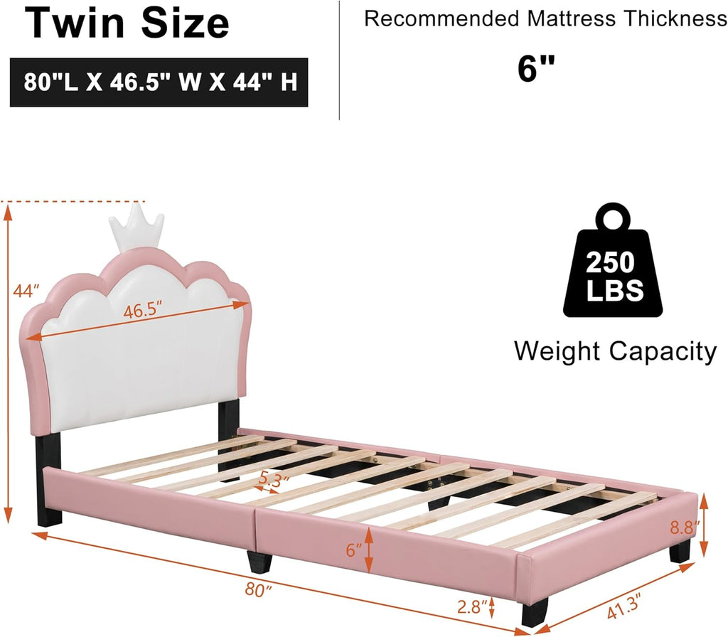Pink Twin Size PU Upholstered Princess Bed Frame with Crown Headboard O65087
