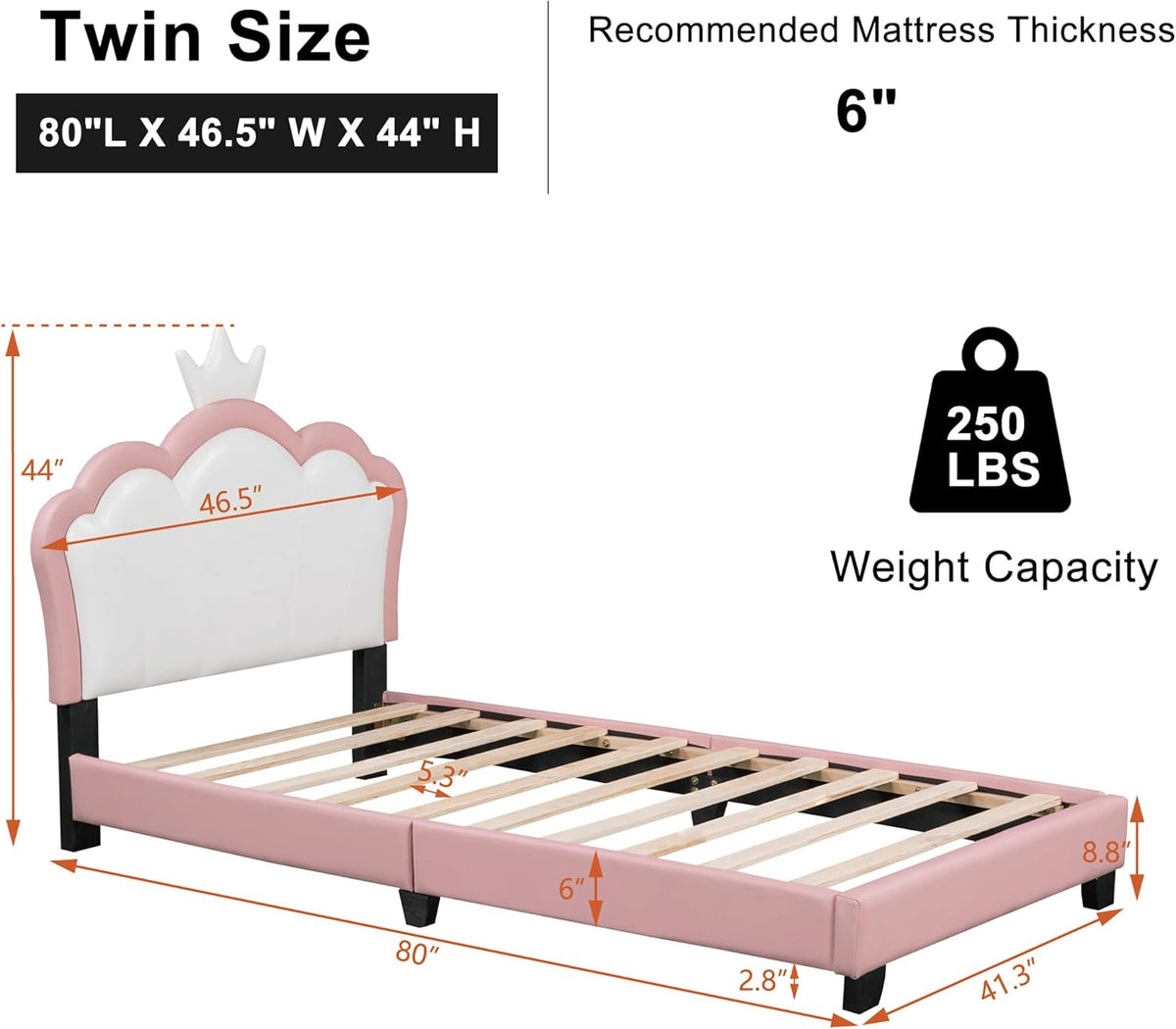 Pink Twin Size PU Upholstered Princess Bed Frame with Crown Headboard O65087