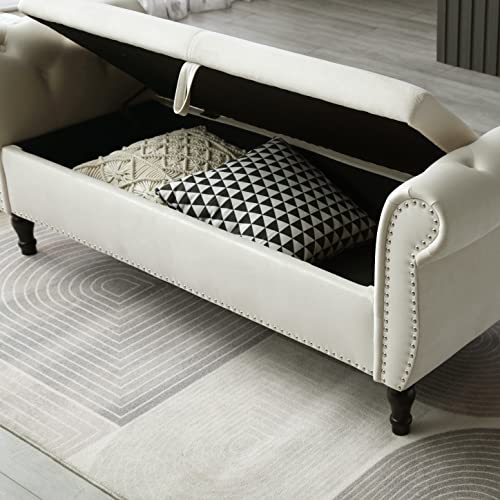 Grey Button Tufted Velvet Upholstered Storage Bench Ottoman with Pillow T985