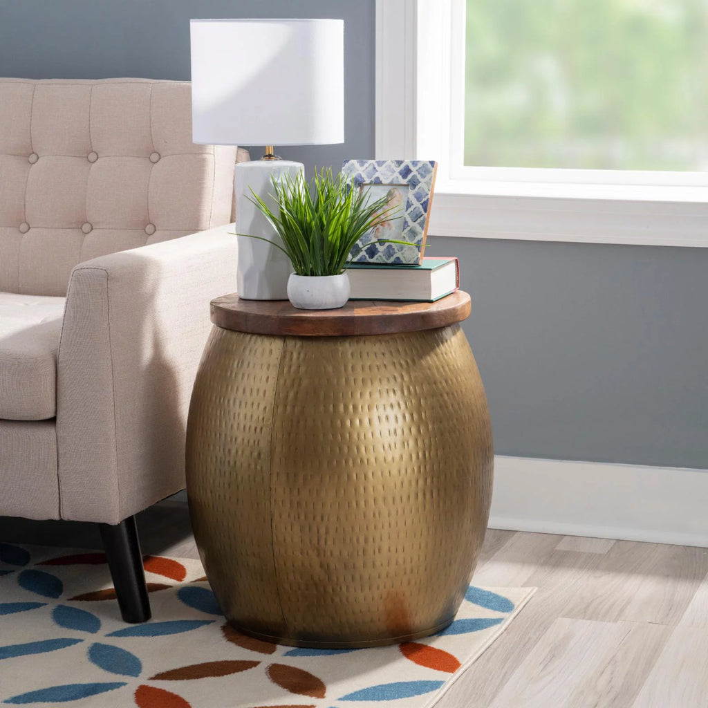 Gold Metal and Wood Storage Side Table L18446