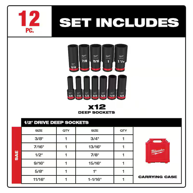 1/2 in. Drive SAE Deep Well Impact Socket Set 12-Piece B299328