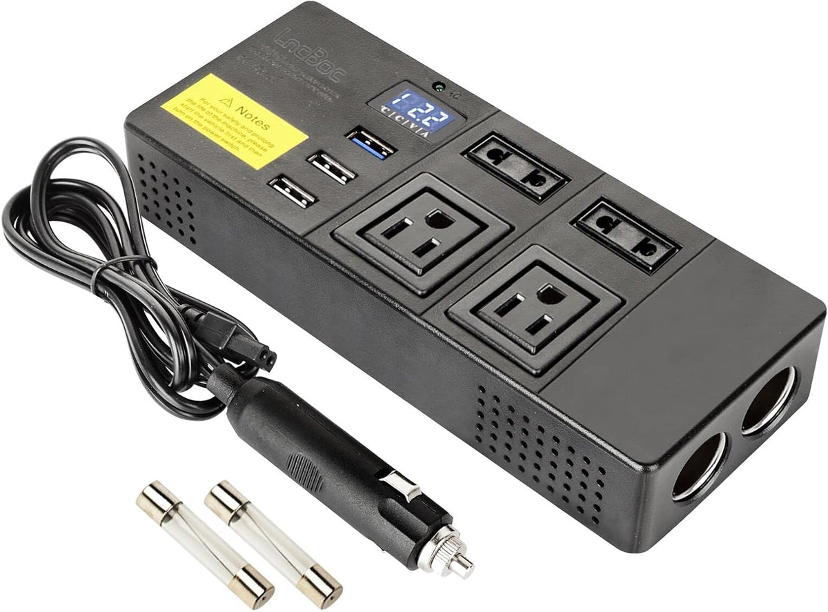 200W Car Power Inverter DC 12V&24V to 110V AC, Dual Cigarette Lighter, 4 AC Outlets and 3 USB Ports Pack of 2 O632