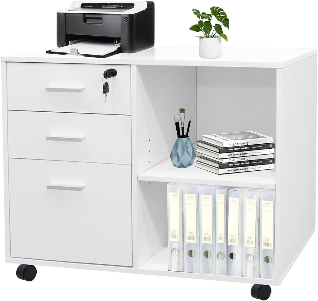 White 3-Drawer Wood File Cabinet with Lock O80063