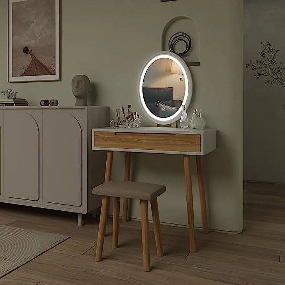 Makeup Vanity Table Set with Lighted Mirror and Stool E574