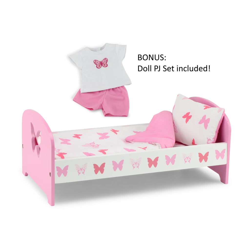18 Inch Doll Bed with Matching Doll PJs Pajamas and 3 Piece Reversible Doll Bedding Set K923728