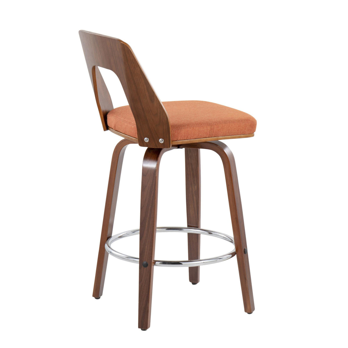 Mid-Century Modern Counter Stool In Walnut And Orange Fabric - Set Of 2 P1069