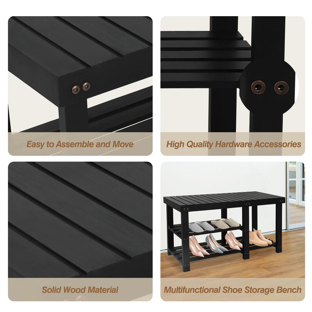 Black 3-Tier Solid Wood Shoe Bench J528