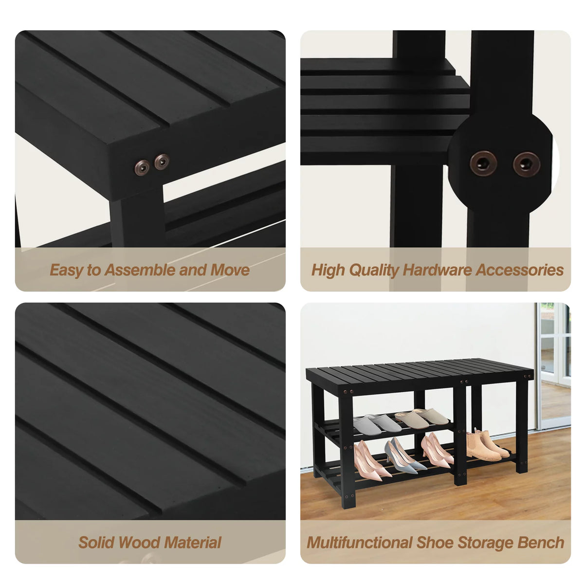 Black 3-Tier Solid Wood Shoe Bench J528