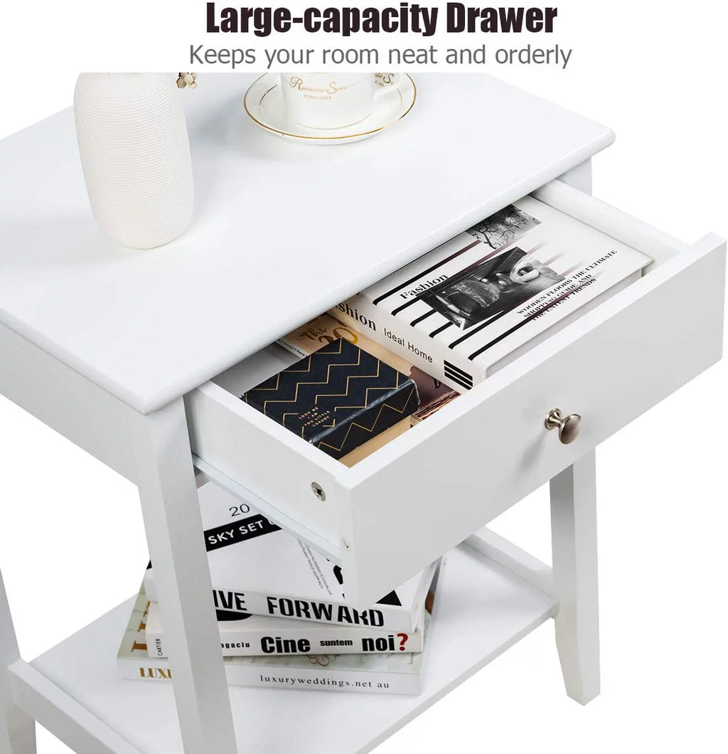 White 2-Tier Wooden Nightstand with Drawer D69561