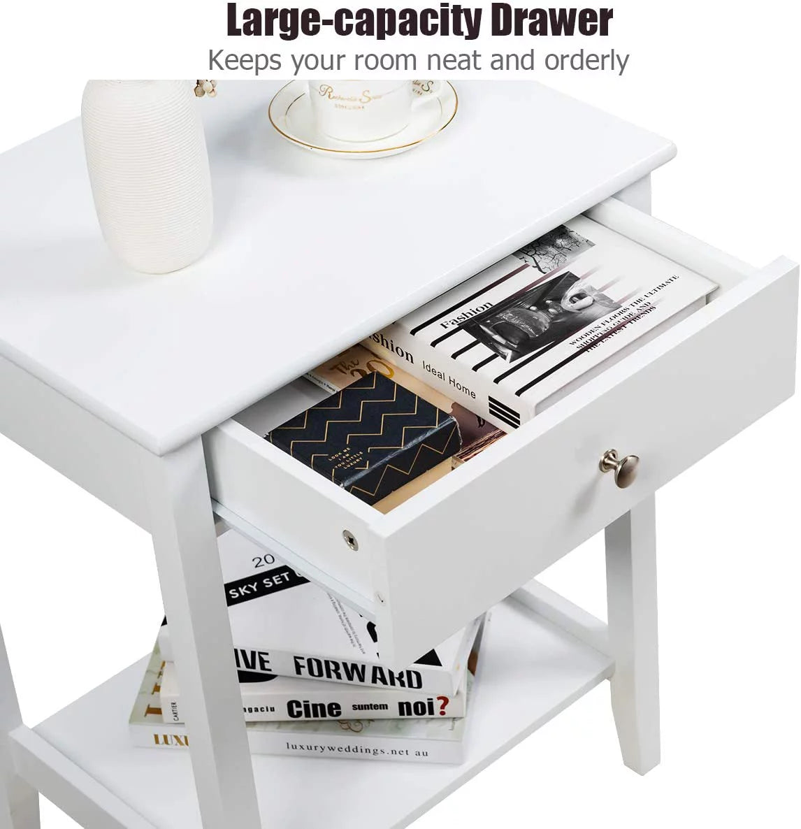 White 2-Tier Wooden Nightstand with Drawer D69561